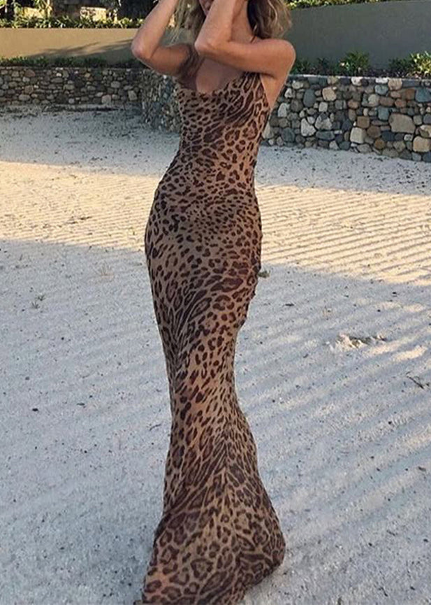 Boho Leopard V Neck Maxi Spaghetti Strap Dresses Sleeveless