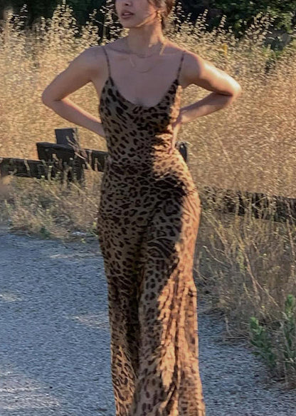 Boho Leopard V Neck Maxi Spaghetti Strap Dresses Sleeveless