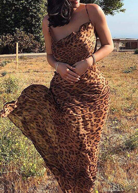 Boho Leopard V Neck Maxi Spaghetti Strap Dresses Sleeveless