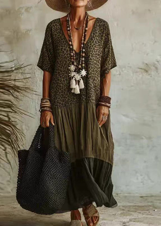 Boho Leopard V Neck Oversized Maxi Dress Half Sleeve