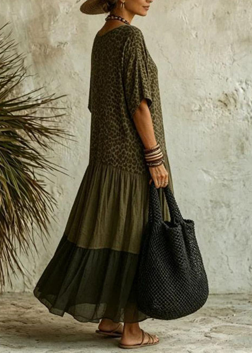 Boho Leopard V Neck Oversized Maxi Dress Half Sleeve