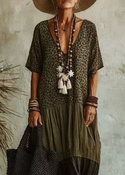 Boho Leopard V Neck Oversized Maxi Dress Half Sleeve