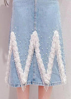 Boho Light Blue Tassel Patchwork High Waist Denim Skirt Summer