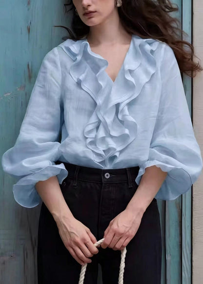 Boho Light Blue V Neck Ruffled Shirt Top Lantern Sleeve