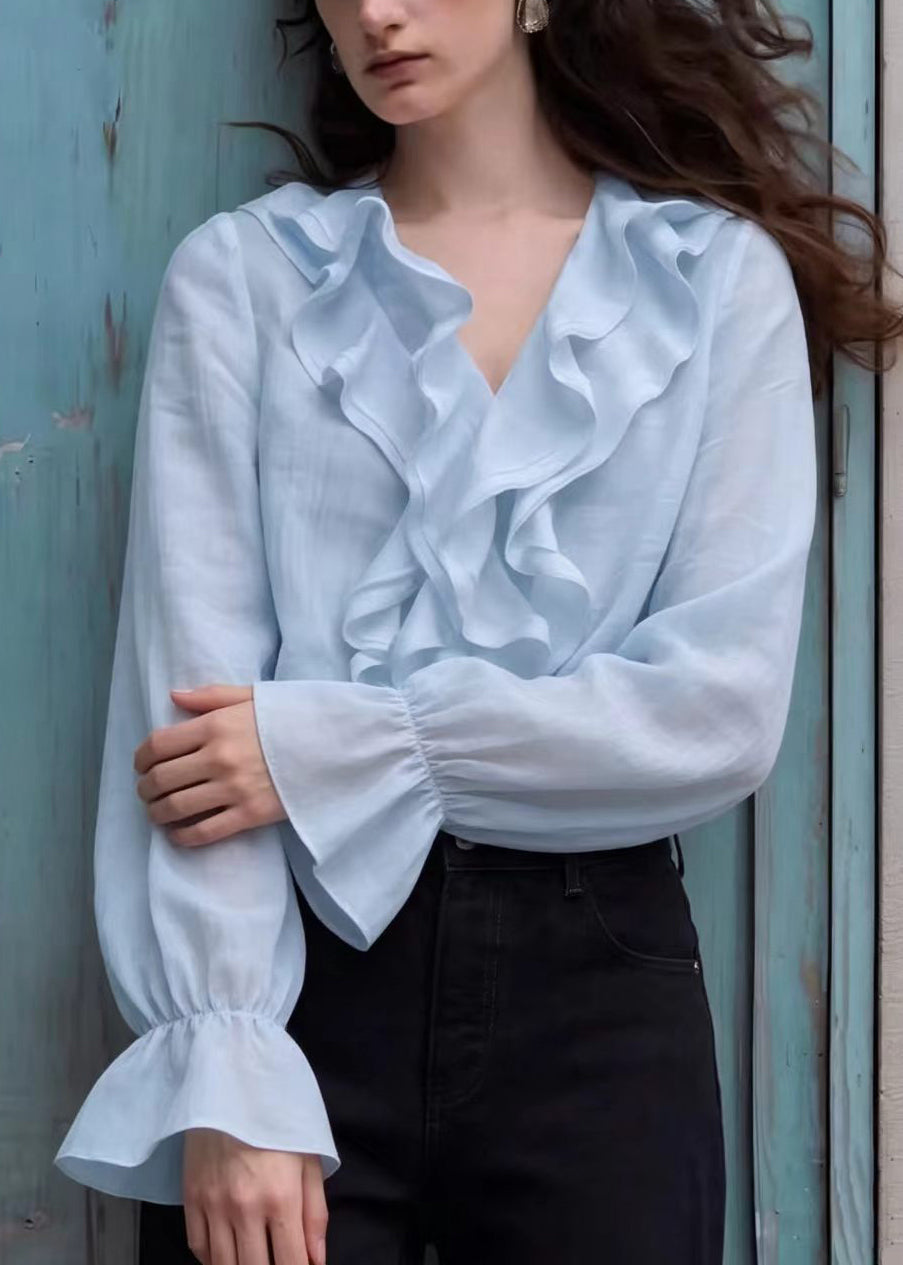 Boho Light Blue V Neck Ruffled Shirt Top Lantern Sleeve