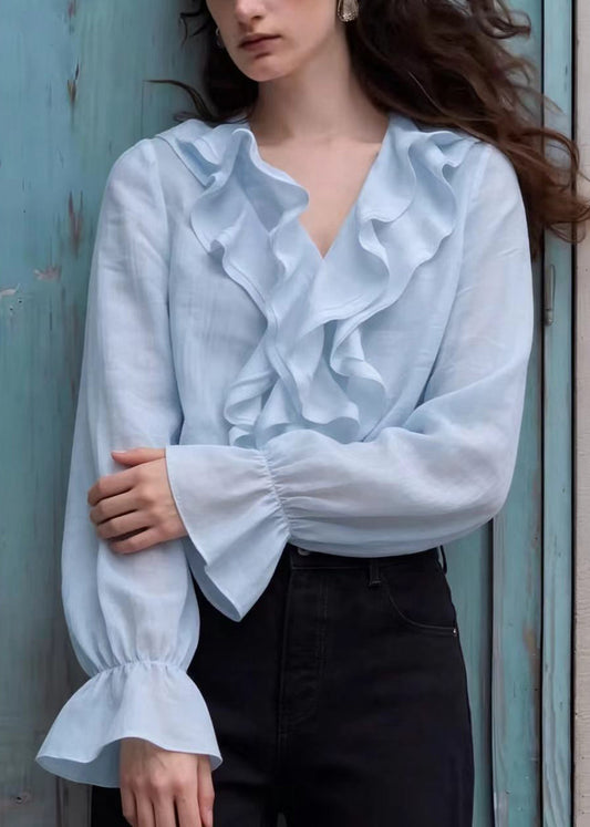 Boho Light Blue V Neck Ruffled Shirt Top Lantern Sleeve