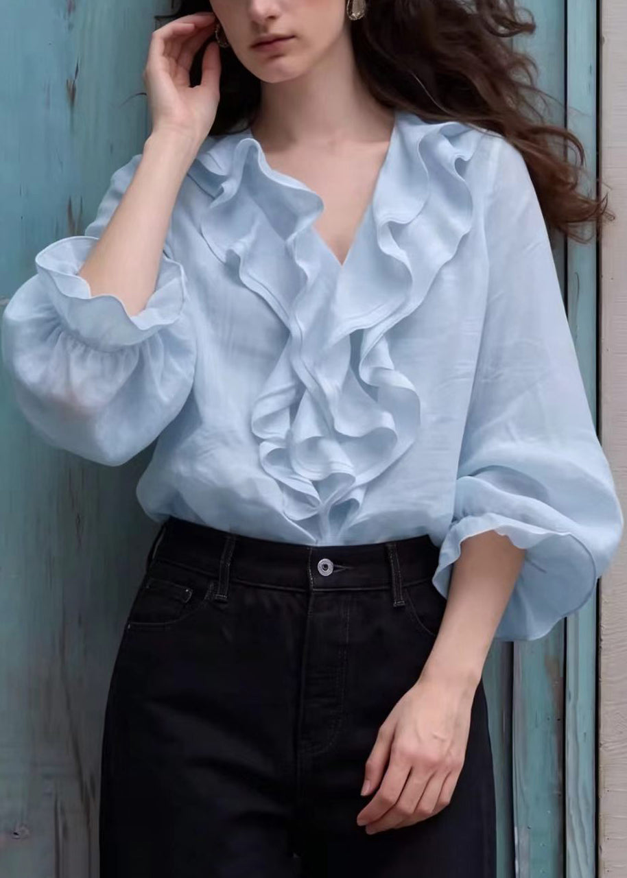Boho Light Blue V Neck Ruffled Shirt Top Lantern Sleeve