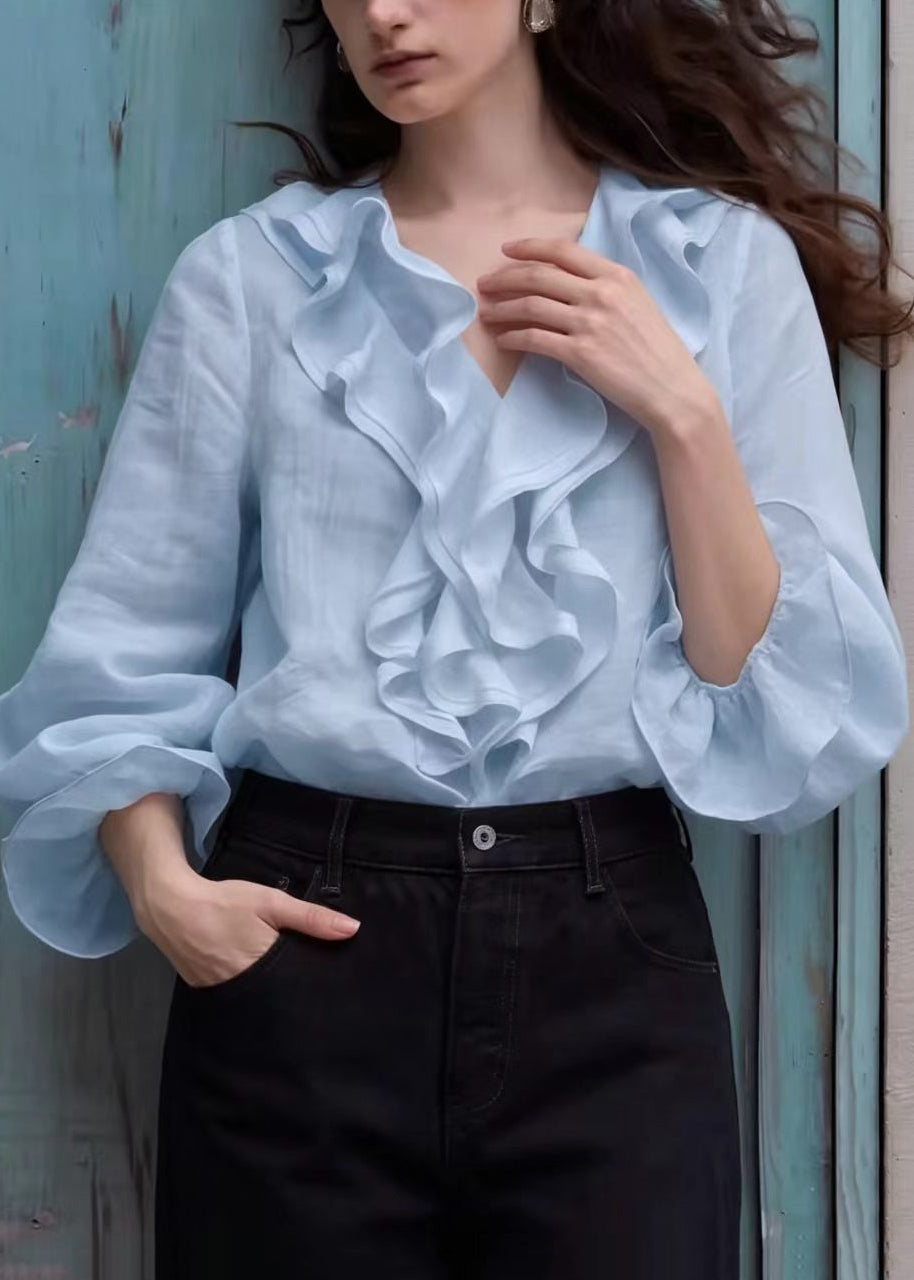 Boho Light Blue V Neck Ruffled Shirt Top Lantern Sleeve