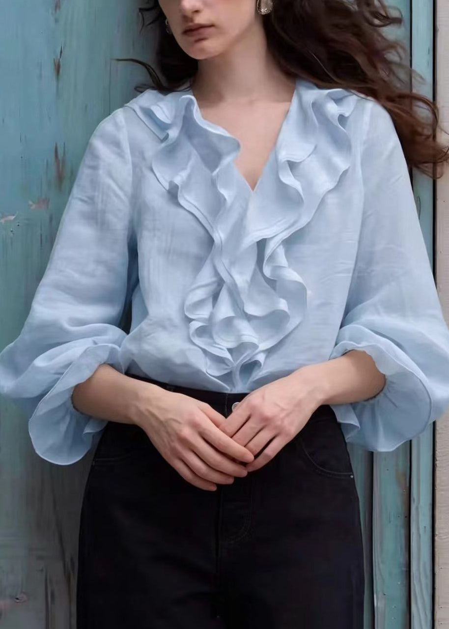 Boho Light Blue V Neck Ruffled Shirt Top Lantern Sleeve