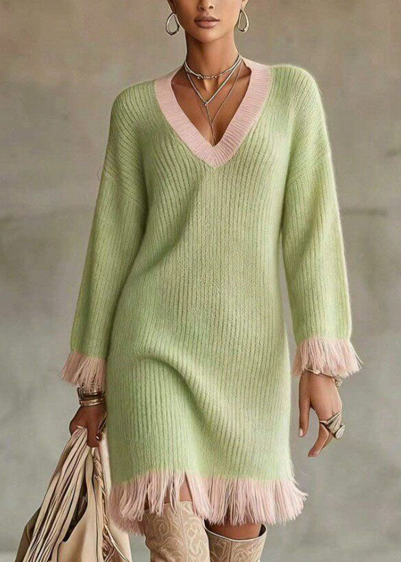 Boho Light Green V Neck Tassel Patchwork Cotton Knit Long Sweaters Dress Long Sleeve