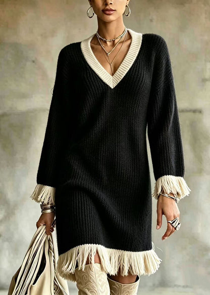 Boho Light Green V Neck Tassel Patchwork Cotton Knit Long Sweaters Dress Long Sleeve