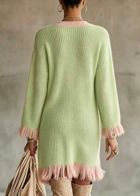 Boho Light Green V Neck Tassel Patchwork Cotton Knit Long Sweaters Dress Long Sleeve