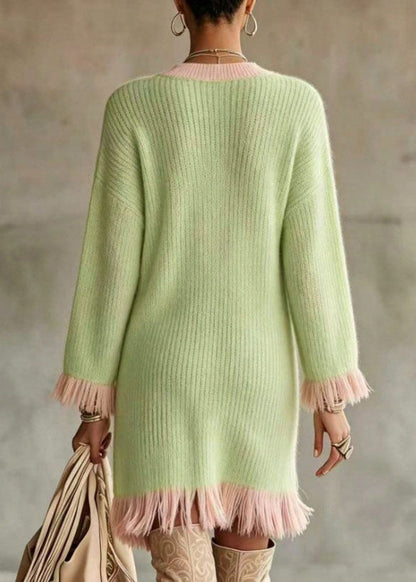 Boho Light Green V Neck Tassel Patchwork Cotton Knit Long Sweaters Dress Long Sleeve
