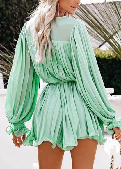 Boho Light Green V Neck Wrinkled Solid Mid Dresses Fall