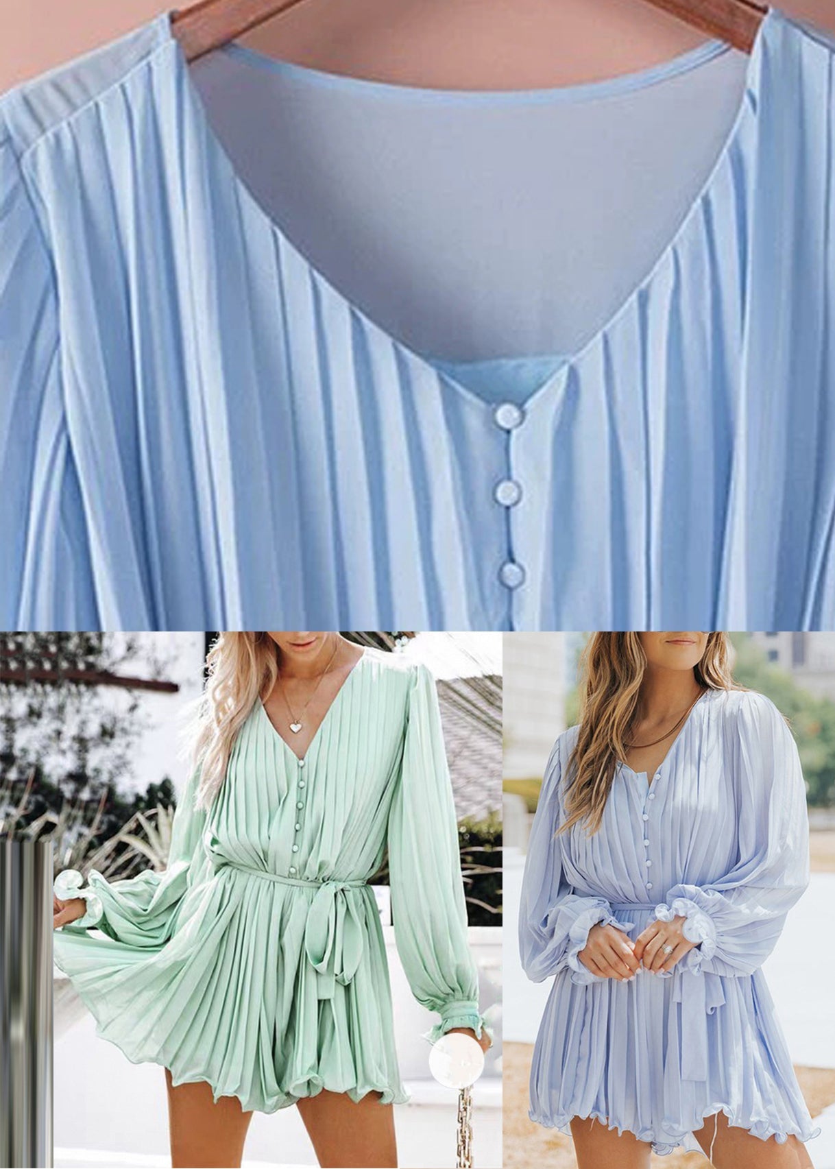 Boho Light Green V Neck Wrinkled Solid Mid Dresses Fall