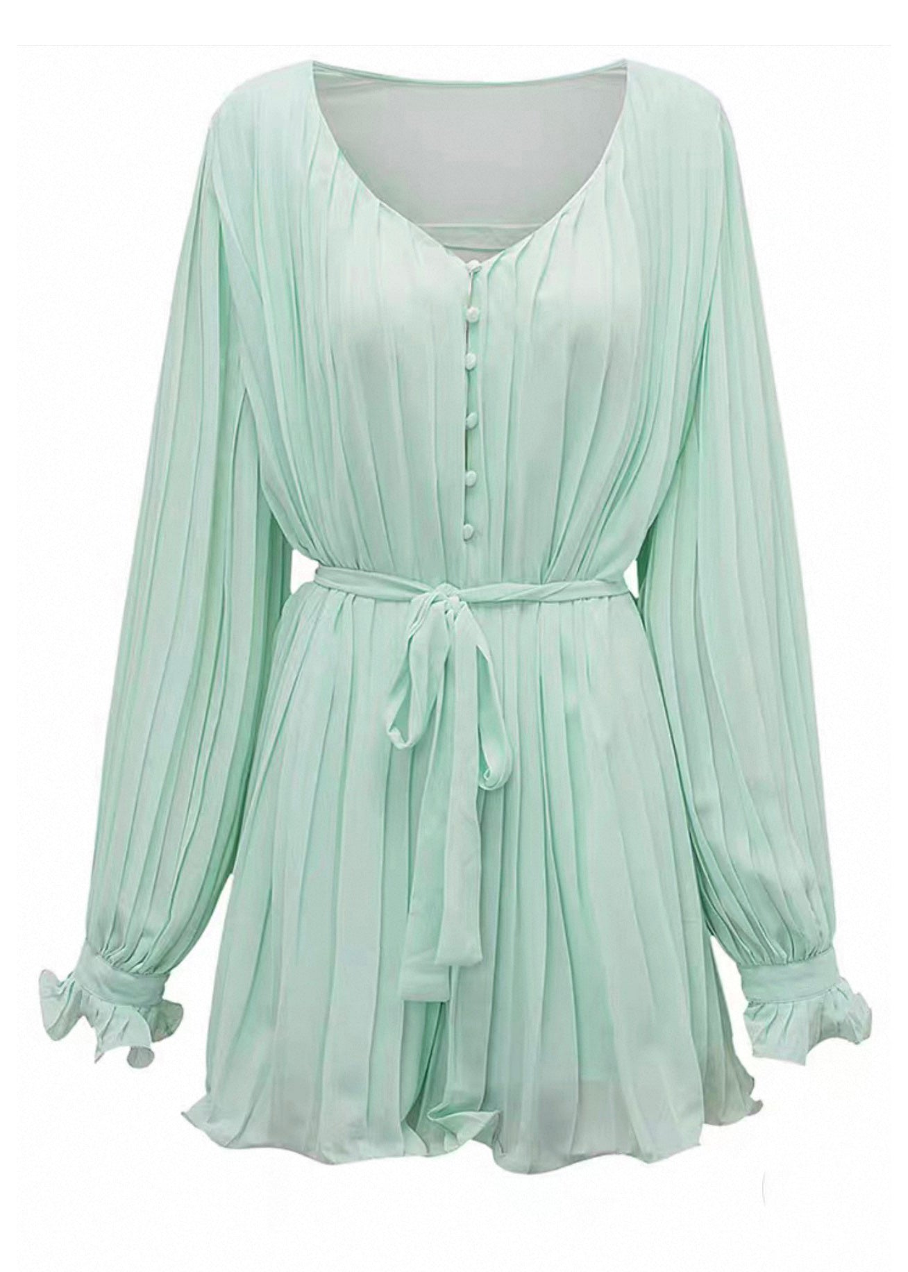 Boho Light Green V Neck Wrinkled Solid Mid Dresses Fall