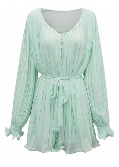 Boho Light Green V Neck Wrinkled Solid Mid Dresses Fall