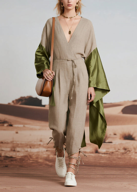 Boho Light Grey Asymmetrical Patchwork Linen Jumpsuit Spring