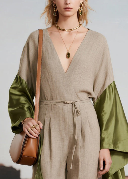 Boho Light Grey Asymmetrical Patchwork Linen Jumpsuit Spring