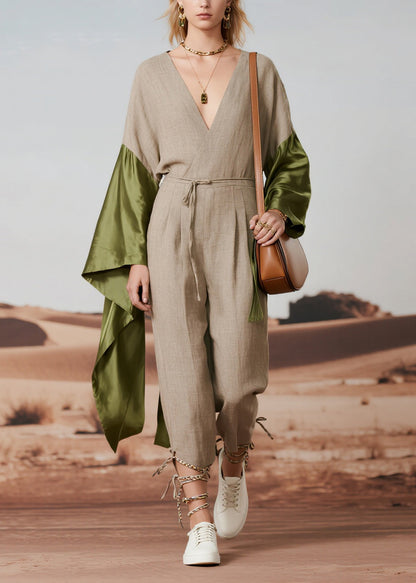 Boho Light Grey Asymmetrical Patchwork Linen Jumpsuit Spring