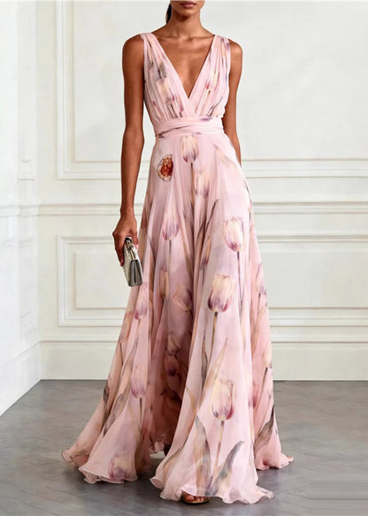 Boho Light Pink V Neck Print Long Spaghetti Strap Sundress Summer