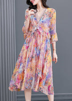 Boho Light Pink V Neck Print Patchwork Flare Dress Fall