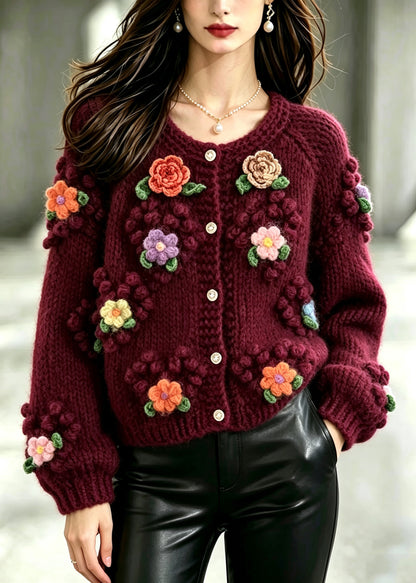 Boho Mulberry O-Neck Floral Thick Knit Cardigan Winter