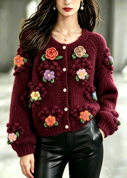 Boho Mulberry O-Neck Floral Thick Knit Cardigan Winter