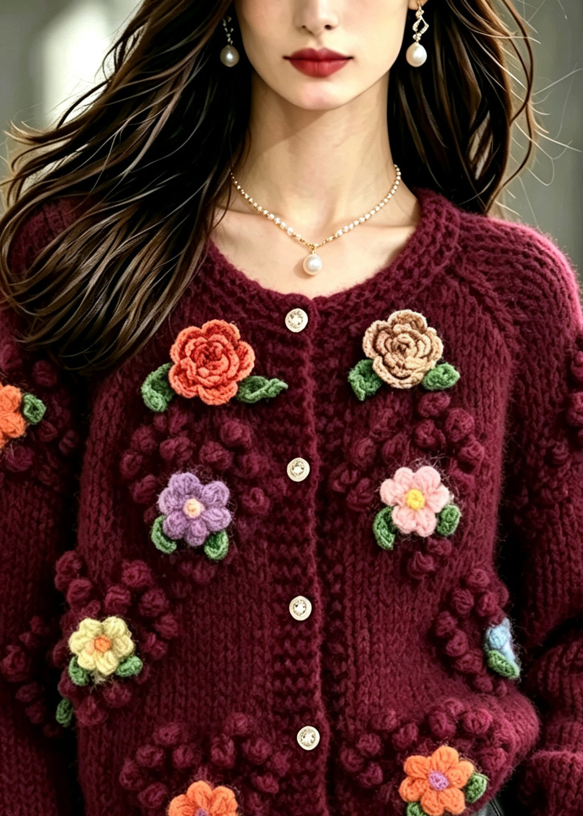 Boho Mulberry O-Neck Floral Thick Knit Cardigan Winter