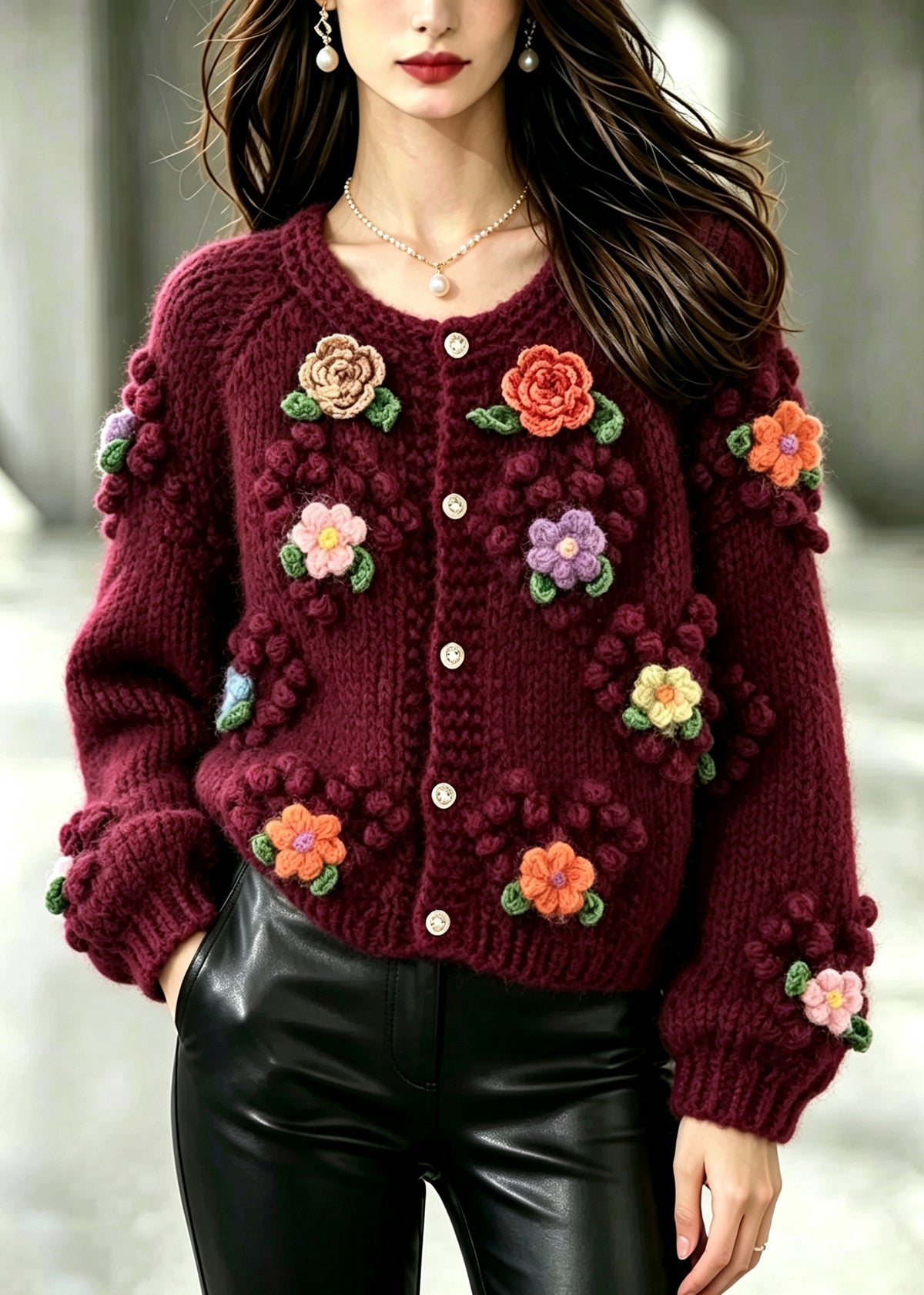Boho Mulberry O-Neck Floral Thick Knit Cardigan Winter