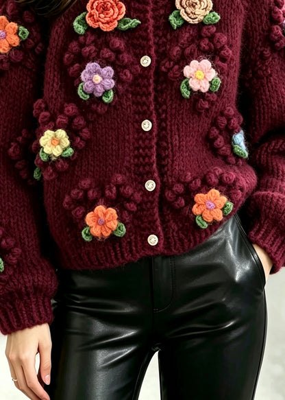 Boho Mulberry O-Neck Floral Thick Knit Cardigan Winter