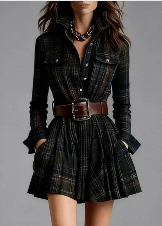 Boho Multicolor Stand Collar Plaid Pockets Cotton Mid Dress Fall