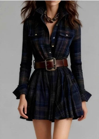 Boho Multicolor Stand Collar Plaid Pockets Cotton Mid Dress Fall