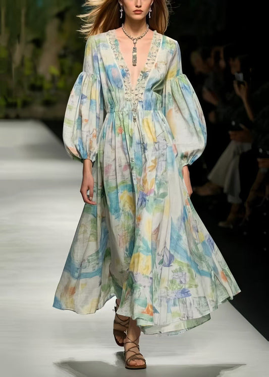 Boho Multicolour Print Exra Large Hem Cotton Dress Puff Sleeve