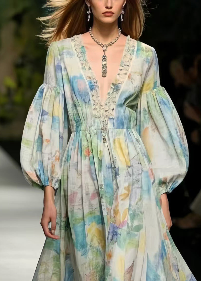 Boho Multicolour Print Exra Large Hem Cotton Dress Puff Sleeve