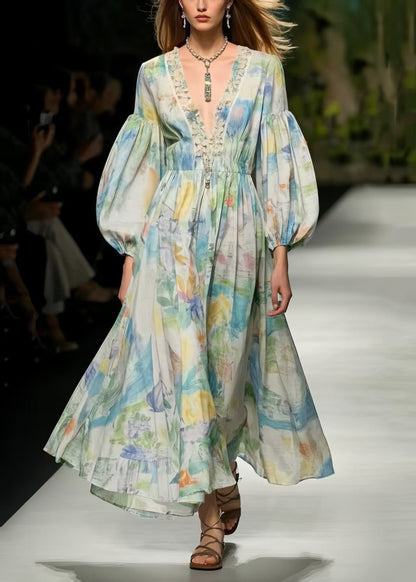 Boho Multicolour Print Exra Large Hem Cotton Dress Puff Sleeve