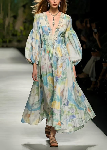 Boho Multicolour Print Exra Large Hem Cotton Dress Puff Sleeve