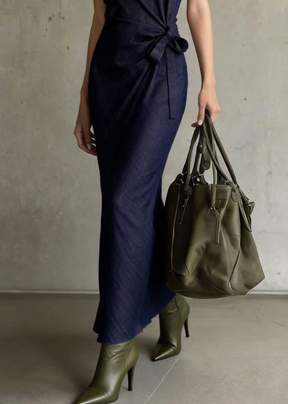 Boho Navy Asymmetrical Design Denim Long Dresses Sleeveless