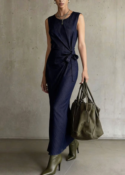Boho Navy Asymmetrical Design Denim Long Dresses Sleeveless
