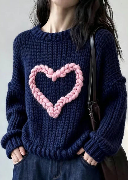 Boho Navy Blue O-Neck Heart Knit Sweater Tops Fall