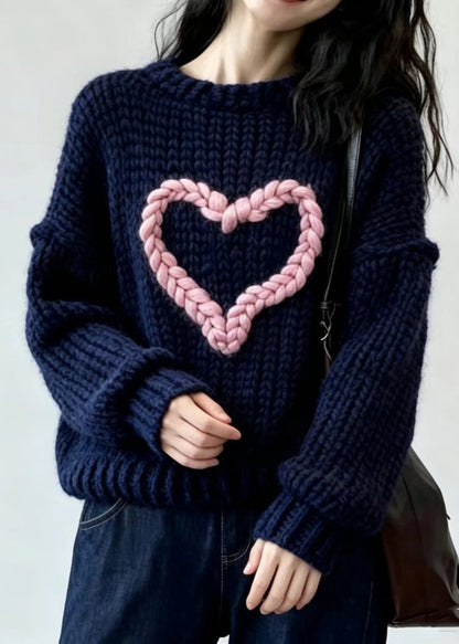 Boho Navy Blue O-Neck Heart Knit Sweater Tops Fall