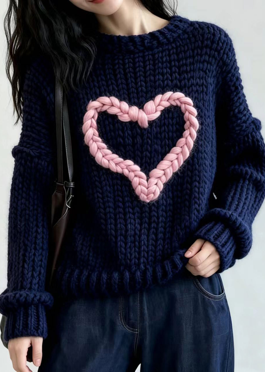 Boho Navy Blue O-Neck Heart Knit Sweater Tops Fall