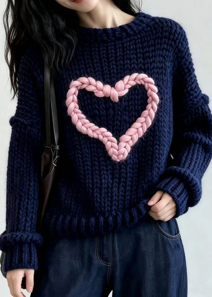 Boho Navy Blue O-Neck Heart Knit Sweater Tops Fall