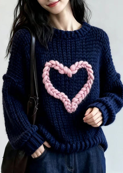Boho Navy Blue O-Neck Heart Knit Sweater Tops Fall