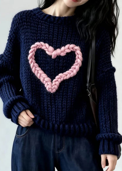 Boho Navy Blue O-Neck Heart Knit Sweater Tops Fall