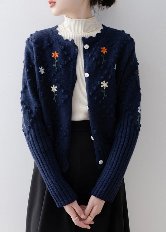 Boho Navy Embroidered Fuzzy Ball Decorated Knit Jacket Winter