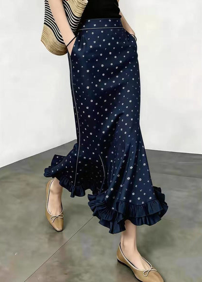 Boho Navy Floral Ruffled High Waist Pockets Mermaid Skirt Fall