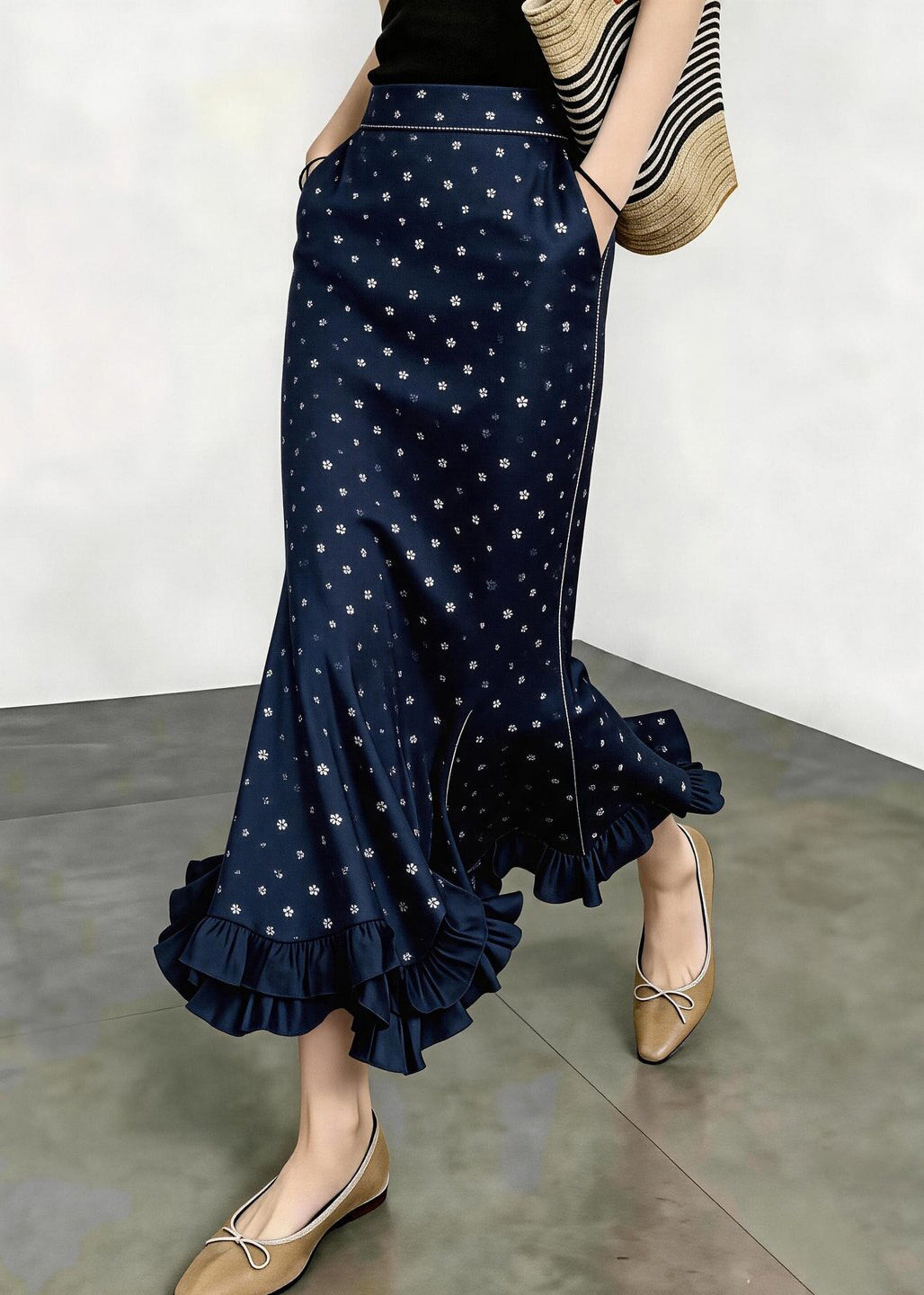 Boho Navy Floral Ruffled High Waist Pockets Mermaid Skirt Fall