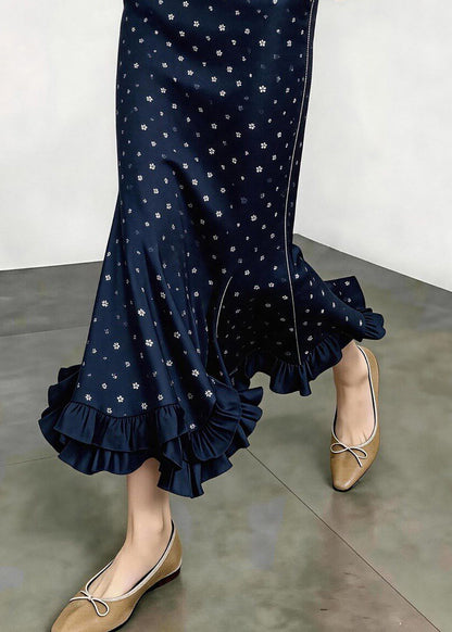 Boho Navy Floral Ruffled High Waist Pockets Mermaid Skirt Fall