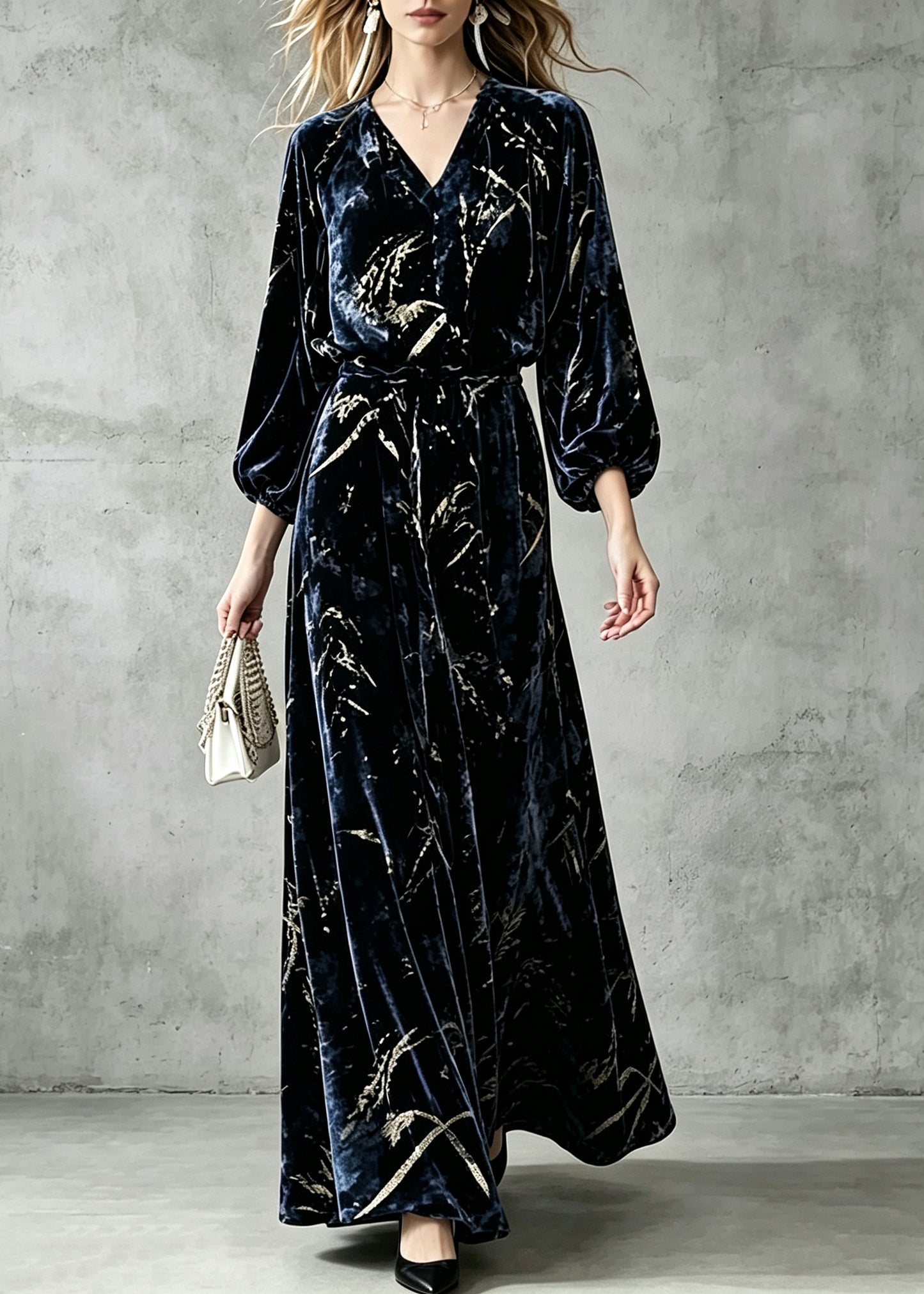 Boho Navy V Neck Elastic Waist Velvet  Maxi Dress Fall